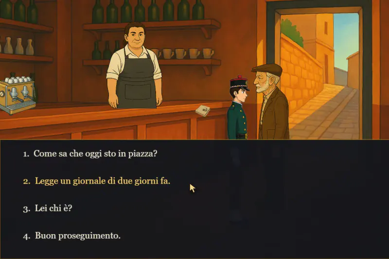 In-game dialogue: a barista behind the counter, a young guard and an old man in a flat cap, with four answers to choose from.
