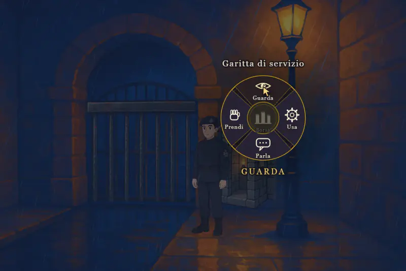 In-game: a guard at night by an iron gate, with the verb wheel open on a sentry box.