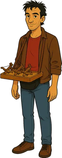 The street vendor, with a tray of toy crossbows hanging from his neck.