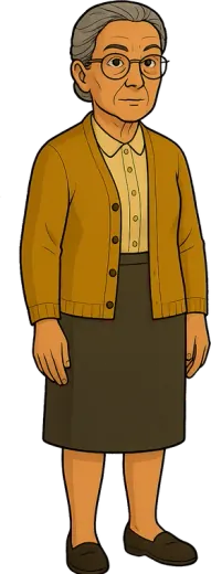 The archivist, with grey hair, glasses and a yellow cardigan.
