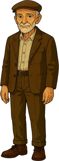 Attilio, an old man in a flat cap and a brown jacket.
