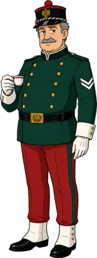 Sergeant Guidi, with a grey moustache and a Fortress Guard uniform, holding an espresso cup.