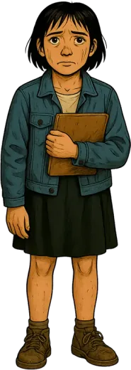 A girl from 1987 in a denim jacket, holding a folder to her chest.