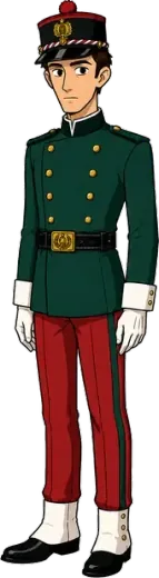 Sasha, a young guard in a green tunic, red trousers, a kepi and white gloves.