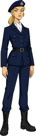 Tina, tall and blonde, in the blue Militia uniform with a beret.