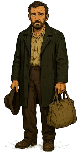 Wainer, a tired man in a dark coat, a felt hat in one hand and a bag in the other.