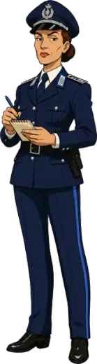 Captain Zafferani in the blue Gendarmerie uniform, writing in a notebook.