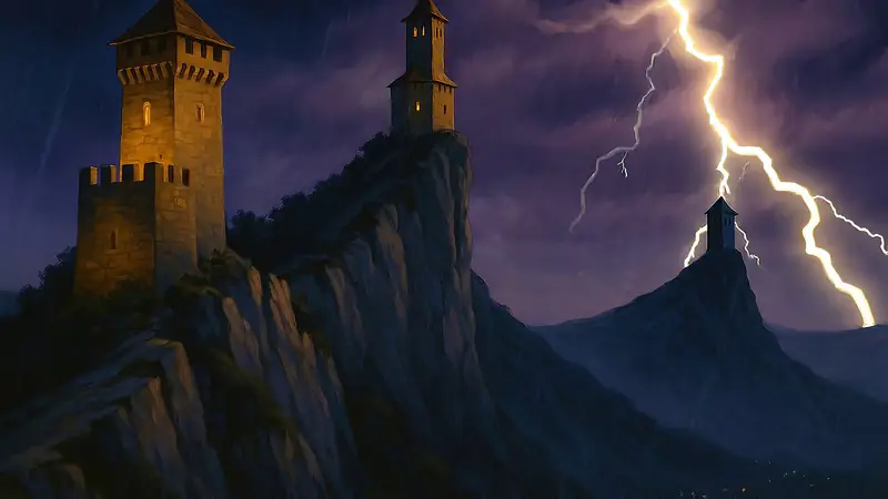 The Third Tower: three stone towers on a cliff during a night storm, a painted backdrop from the game