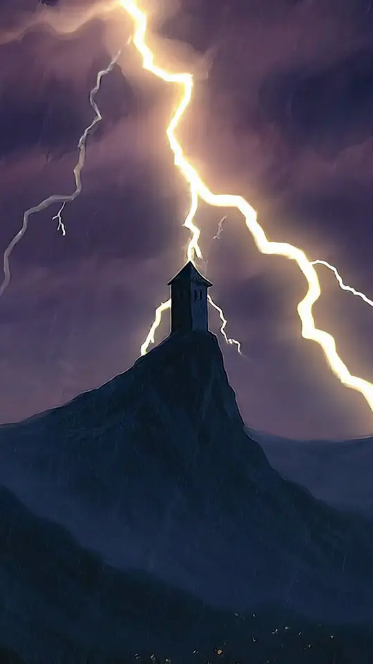 Key art of La Terza Torre: a stone tower on a mountain peak, struck by lightning in a violet night sky.