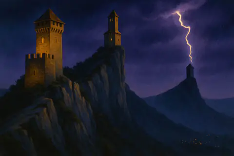 Painting of three towers on a rocky ridge at night, with lightning over the third tower.