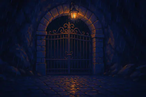 Painted background: an iron gate under a stone arch at night, lit by a lantern in the rain.