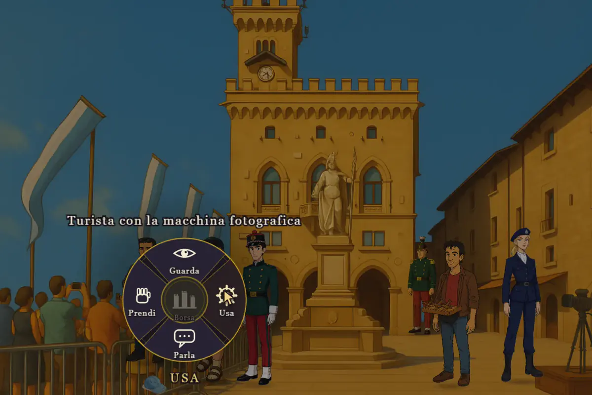 In-game screenshot of the square in daylight, with guards in dress uniform, a crowd behind a barrier and the verb menu open.