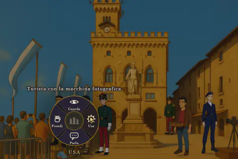 A scene from the game: the town square with the action wheel to look, take, use and talk