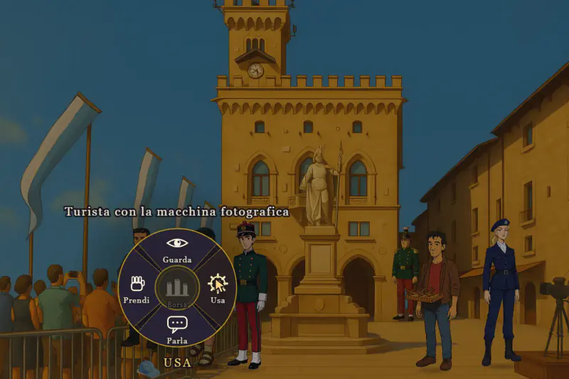 In-game screenshot: a sunlit square with a stone palace and a statue, characters in uniform and the circular verb menu with Look, Take, Use and Talk.